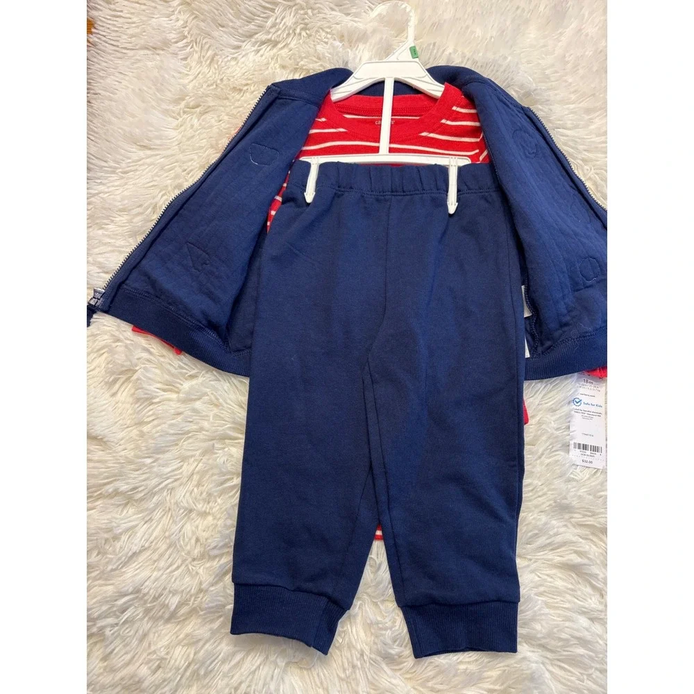 Carters Baby Boy 3pc Set Navy Vest Red Striped Bodysuit Joggers 18M NWT